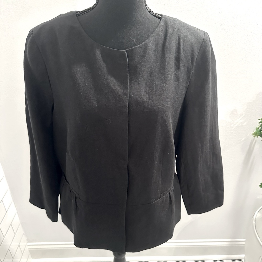 Talbots. NWT, Black Peplum linen jacket. Size 14. 100% lined, 3/4 length sleeves